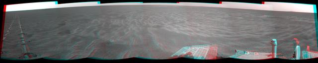 A dance-step pattern is visible in the wheel tracks near the left edge of this scene recorded by NASA Mars Exploration Rover Opportunity on Mars on April 1, 2011. 3D glasses are necessary to view this image.