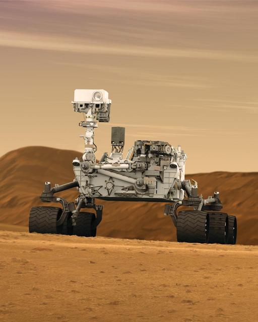 This artist concept features NASA Mars Science Laboratory Curiosity rover, a mobile robot for investigating Mars past or present ability to sustain microbial life. Curiosity is being tested in preparation for launch in the fall of 2011.