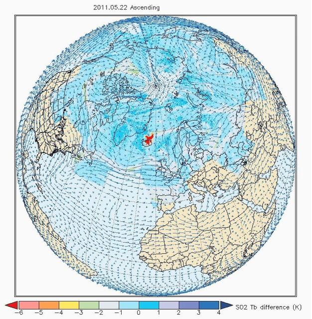 The Atmospheric Infrared Sounder AIRS on NASA Aqua satellite sees sulfur dioxide plume from Iceland Grímsv&ouml;tn Volcano when it erupted May, 2011.