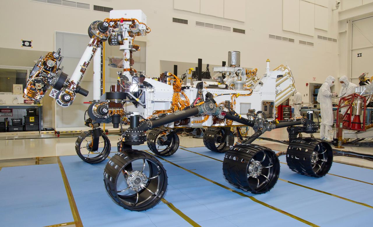 This photograph of the NASA Mars Science Laboratory rover, Curiosity, was taken during mobility testing on June 3, 2011. The location is inside the Spacecraft Assembly Facility at NASA Jet Propulsion Laboratory, Pasadena, Calif.
