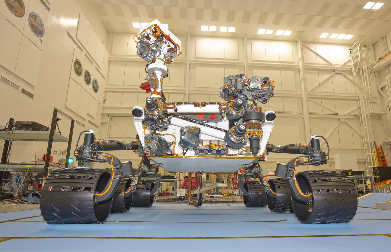 This photograph of the NASA Mars Science Laboratory rover, Curiosity, was taken during mobility testing on June 3, 2011. The location is inside the Spacecraft Assembly Facility at NASA Jet Propulsion Laboratory, Pasadena, Calif.