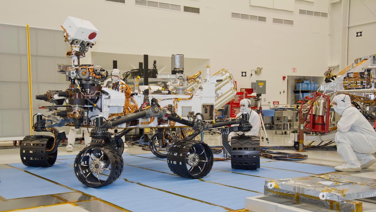This photograph of the NASA Mars Science Laboratory rover, Curiosity, was taken during mobility testing on June 3, 2011. The location is inside the Spacecraft Assembly Facility at NASA Jet Propulsion Laboratory, Pasadena, Calif.