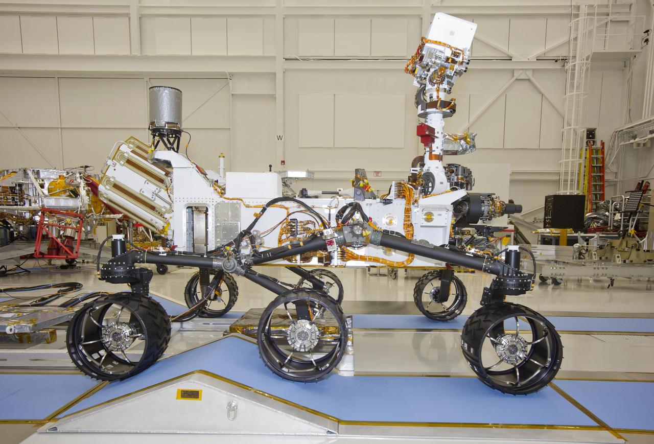This photograph of the NASA Mars Science Laboratory rover, Curiosity, was taken during mobility testing on June 3, 2011. The location is inside the Spacecraft Assembly Facility at NASA Jet Propulsion Laboratory, Pasadena, Calif.