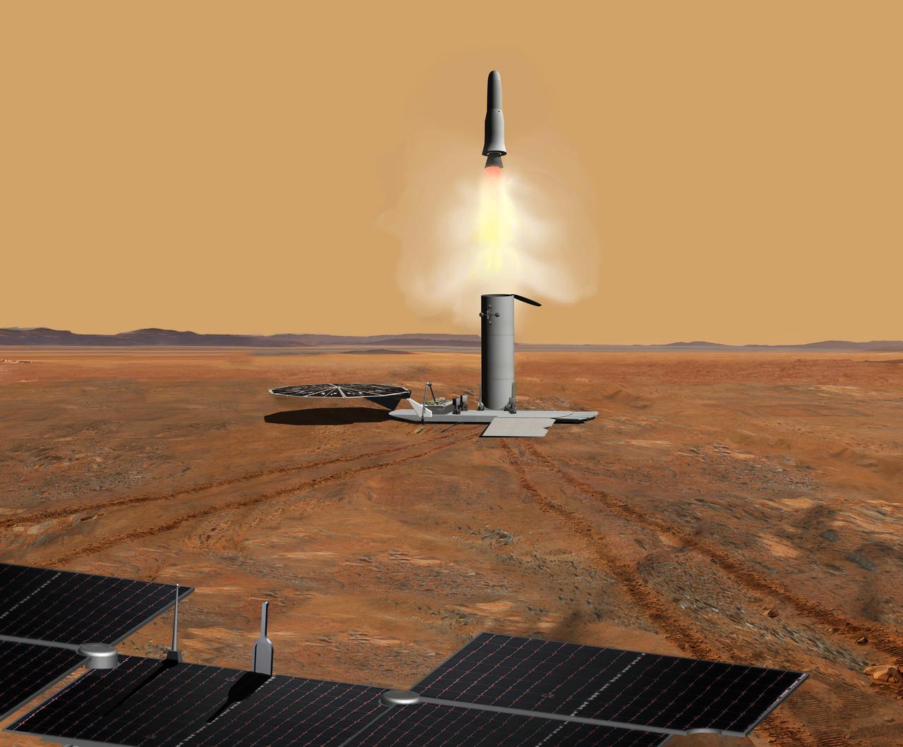 This artist concept of a proposed Mars sample return mission portrays the launch of an ascent vehicle. The solar panels in the foreground are part of a rover.