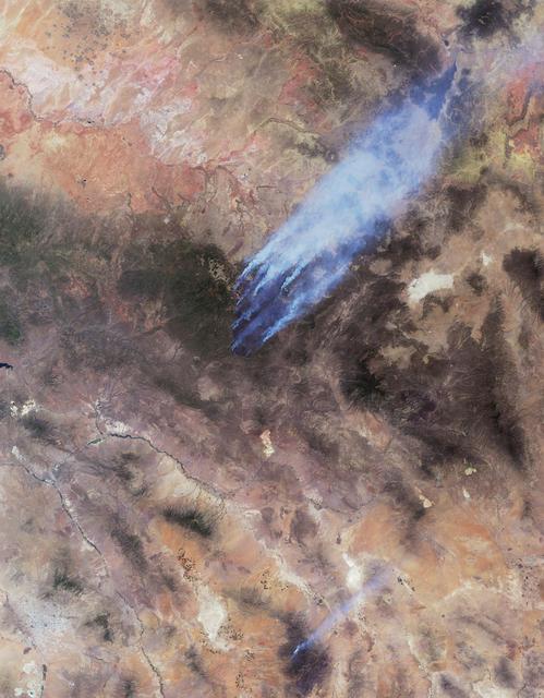 This image from NASA Terra spacecraft shows the Wallow and Horseshoe 2 Fires burning in Arizona. The data were acquired mid-morning on June 7, 2011. Nearly 10 distinct bluish-colored smoke plumes can be seen blowing toward the upper right northeast.