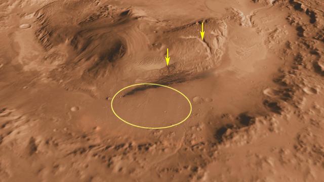 This oblique view of Gale crater shows the landing site and the mound of layered rocks that NASA Mars Science Laboratory will investigate. The landing site is in the smooth area in front of the mound.