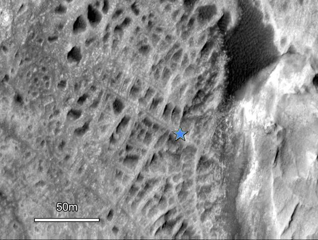 One type of feature of scientific interest on the mountain inside Gale crater is exposure of cemented fractures, evidence that groundwater once reached to at least that height of the mountain. This image is from NASA Mars Reconnaissance Orbiter.