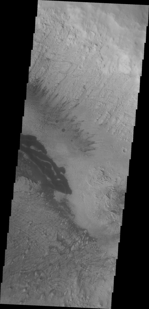 The dark material in this VIS image of Danielson Crater are dunes at the foot of the fill material located on the southwestern end of the crater floor.