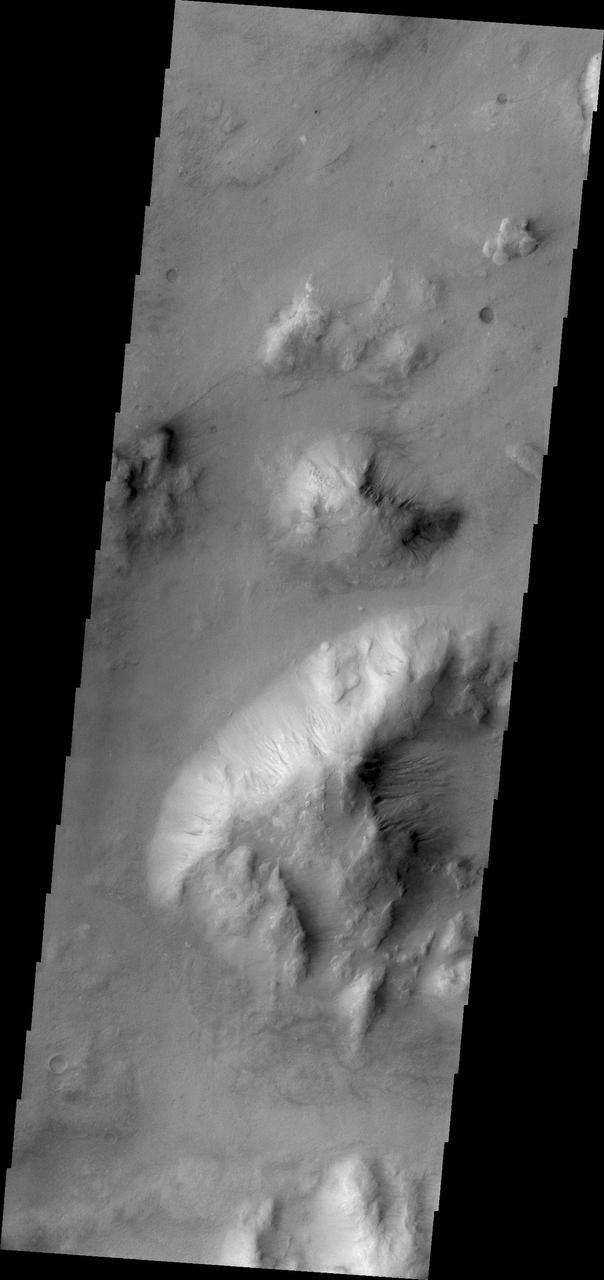 Craters are most often the site of gully formation on Mars. Mega-gullies are also found on the southwestern parts of Vallis Marineris, and in this image from NASA 2001 Mars Odyssey spacecraft, on hills east of Argyre Planitia.