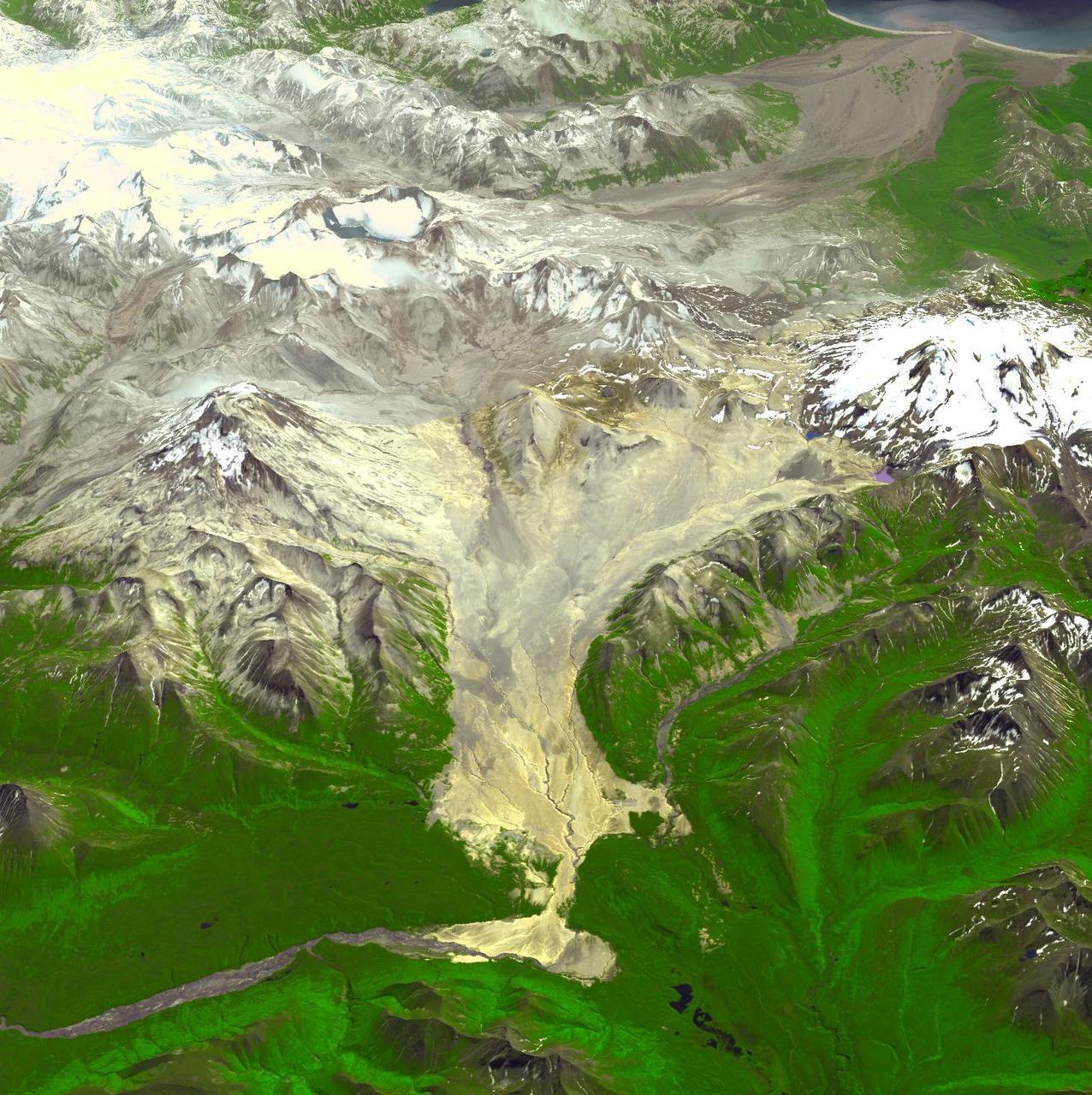 This image acquired by NASA Terra spacecraft is of the Valley of Ten Thousand Smokes. Located in Katmai National Park, Alaska, the park is filled with ash flows from the 1912 eruption of Novarupta.