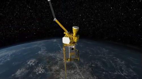 This image, created at the Jet Propulsion Laboratory JPL, shows the Soil Moisture Active Passive SMAP mission, specifically depicting how the scanning antenna will fly in space and the swath coverage over the Earth.