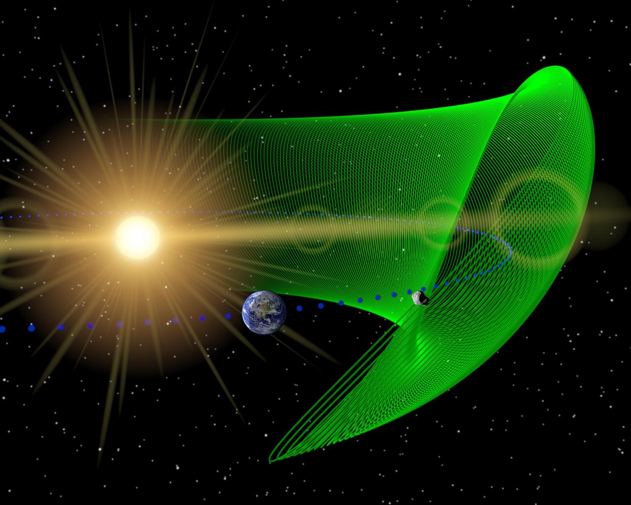 This artist concept illustrates the first known Earth Trojan asteroid, discovered by NEOWISE, the asteroid-hunting portion of NASA WISE mission. The asteroid is shown in gray and its extreme orbit is shown in green. Objects are not drawn to scale.