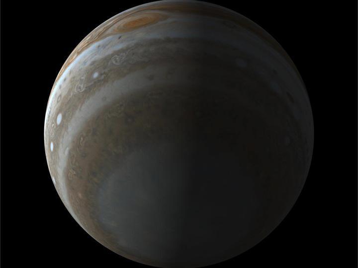 This simulated view of the south pole of Jupiter illustrates the unique perspective of NASA Juno mission. Juno polar orbit will allow its camera, called JunoCam, to image Jupiter clouds from a vantage point never accessed by other spacecraft.