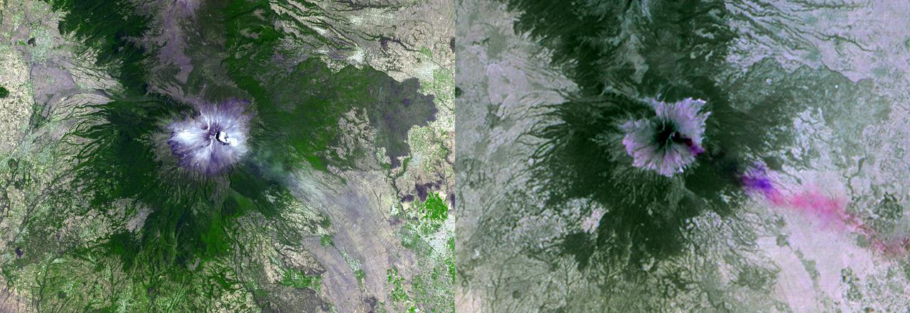 NASA Terra spacecraft shows Mexico active Popocatepetl volcano, located about 40 miles southeast of Mexico City, spewing water vapor, gas, ashes and glowing rocks since its most recent eruption period began in April 2012.