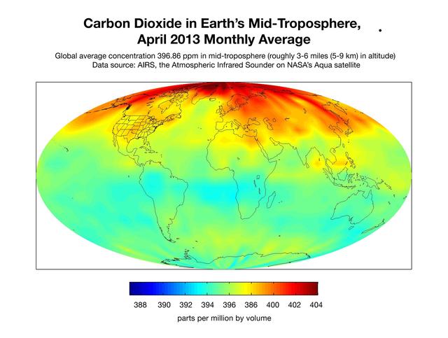 Carbon Dioxide in Earth Mid-Troposphere, April 2013 Monthly Average
