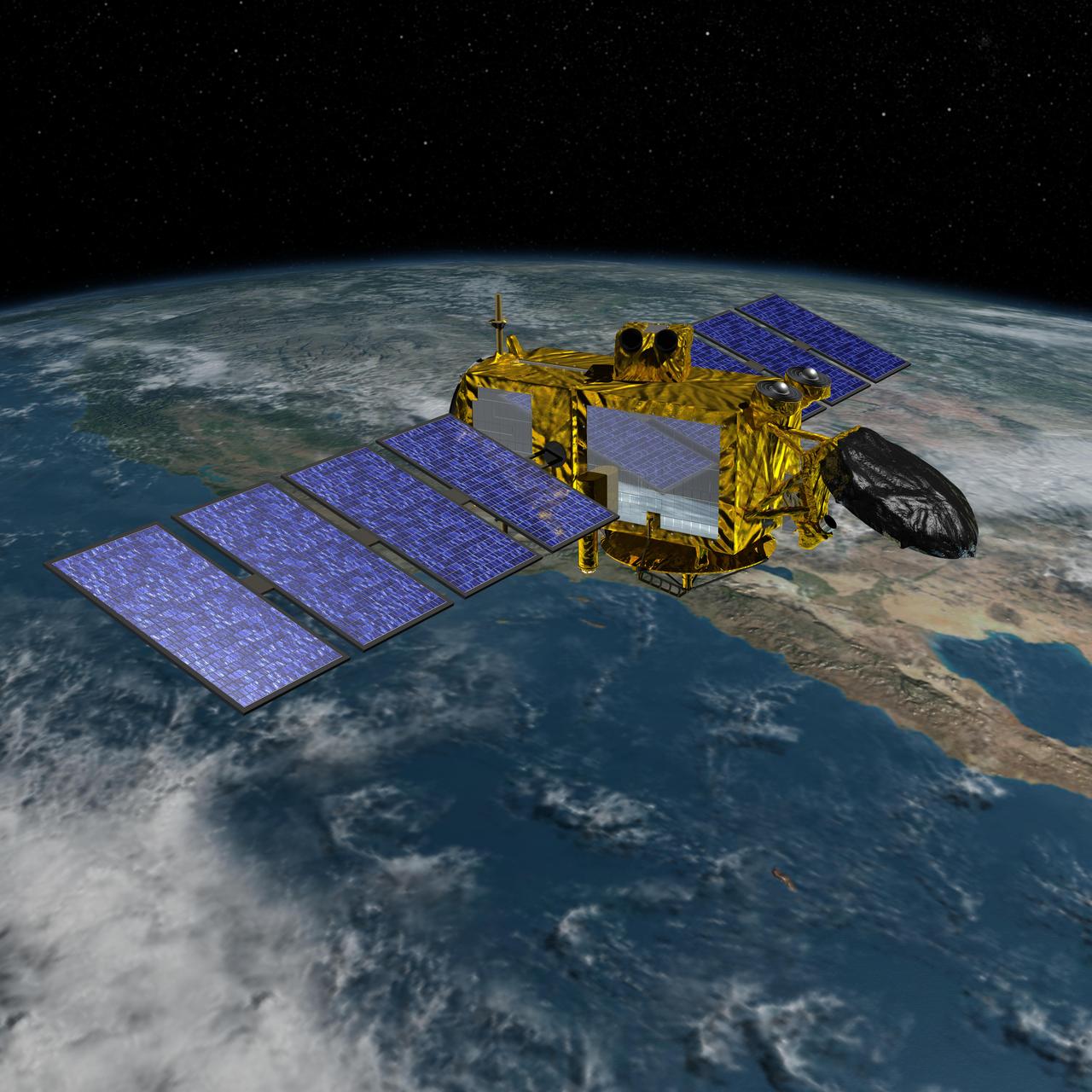 Artist concept of the U.S.-European Jason-3 spacecraft over the California coast. Jason-3 will precisely measure the height of the ocean surface, allowing scientists to monitor ocean circulation and sea level.