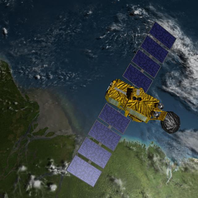 Artist Concept of U.S.-European Jason-3 Ocean Altimetry Satellite over the Amazon