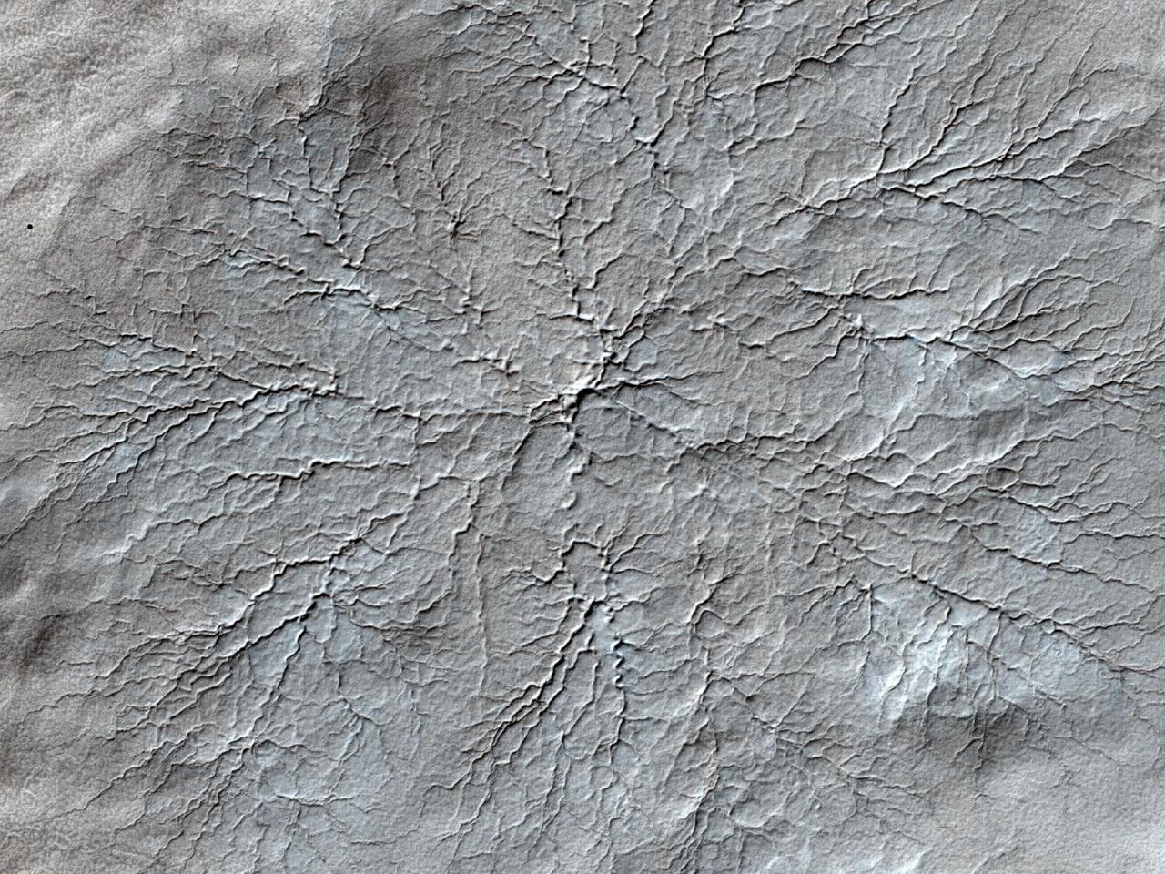 This image from NASA Mars Reconnaissance Orbiter shows erosional features formed by seasonal frost near the south pole of Mars. During the winter, high latitudes on Mars build up deposits of carbon dioxide frost that can be several feet thick.