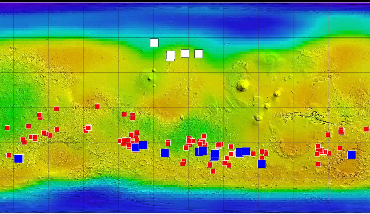 This map of Mars from NASA Mars Odyssey orbiter shows relative locations of three types of findings related to salt or frozen water, plus a new type of finding that may be related to both salt and water.