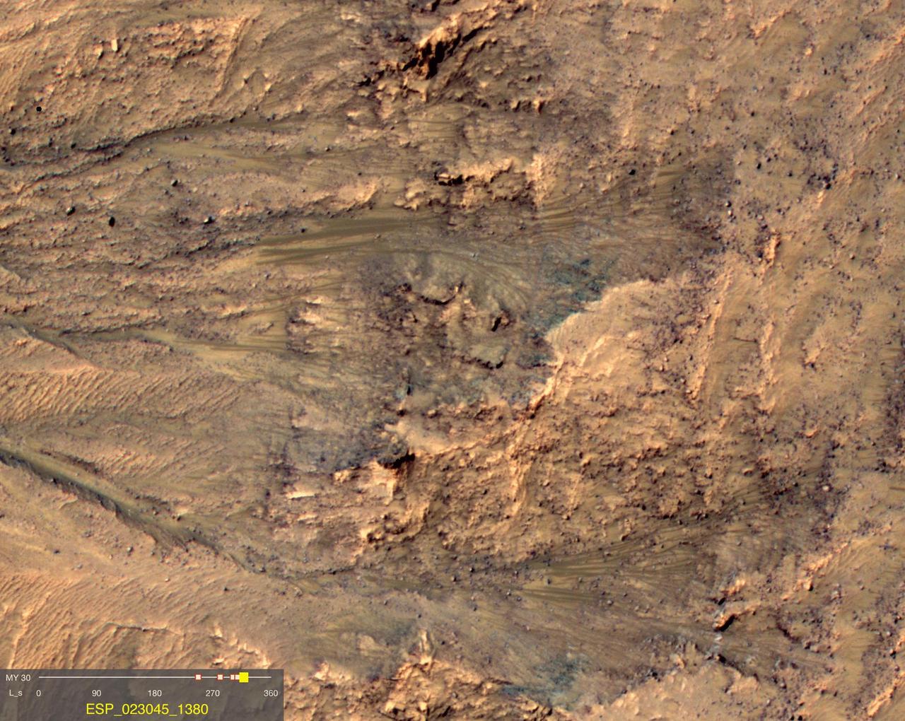 This image comes from observations of Newton crater by the HiRISE camera onboard NASA Mars Reconnaissance Orbiter. The features that extend down the slope during warm seasons are called recurring slope lineae.