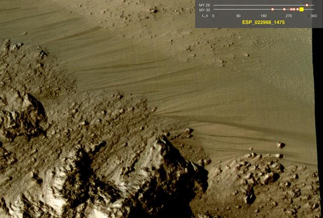 This image comes from observations of Horowitz crater by the HiRISE camera onboard NASA Mars Reconnaissance Orbiter. The features that extend down the slope during warm seasons are called recurring slope lineae.