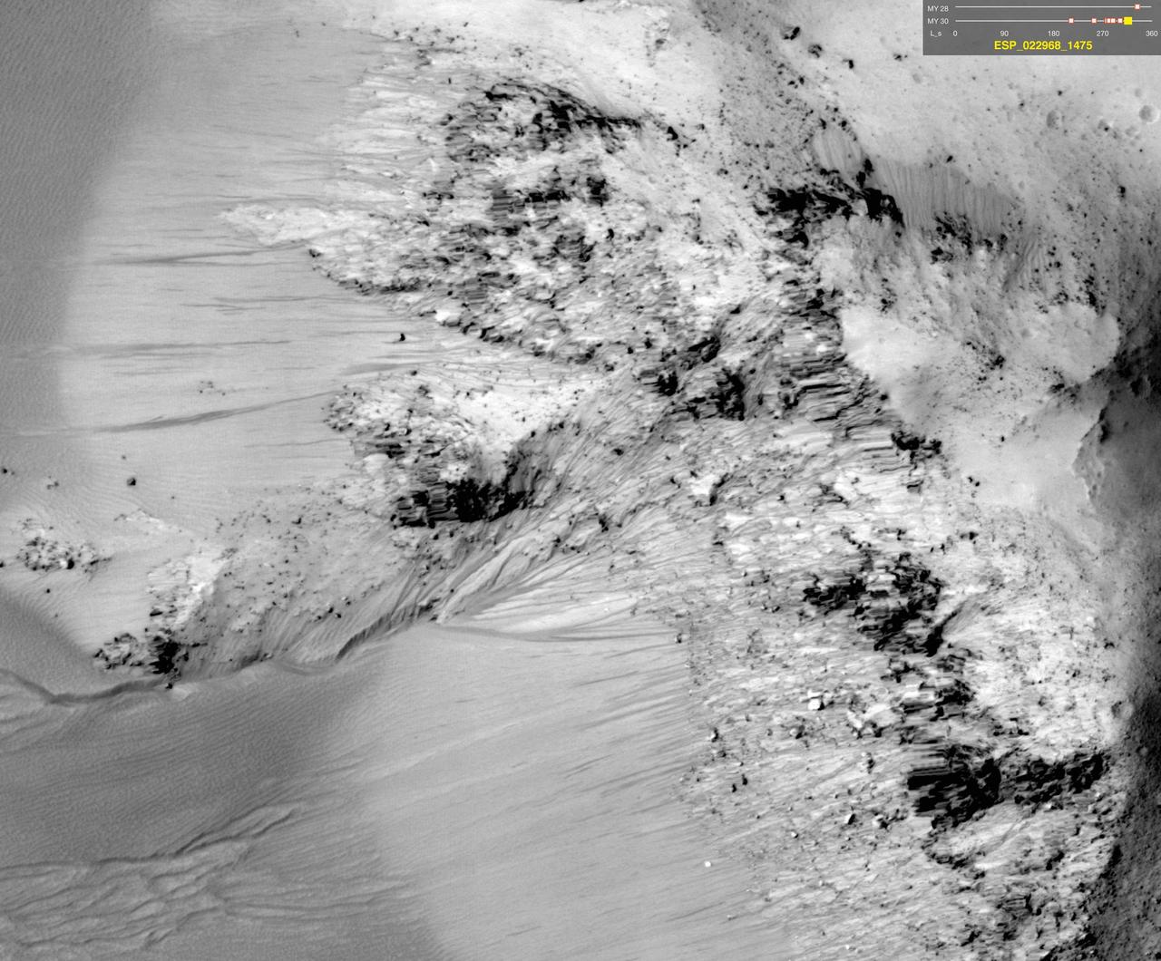 This image comes from observations of Horowitz crater by the HiRISE camera onboard NASA Mars Reconnaissance Orbiter. The features that extend down the slope during warm seasons are called recurring slope lineae.