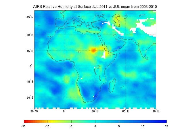 Surface relative humidity anomalies in percent, during July 2011 compared to the average surface relative humidity over the previous eight years, as measured by NASA Aqua instrument AIRS. The driest areas are shown in oranges and reds.