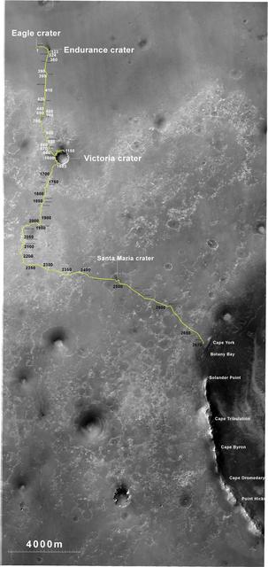 The yellow line on this map shows where NASA Mars Rover Opportunity has driven from the place where it landed in January 2004, inside Eagle crater, at the upper left end of the track, to a point approaching the rim of Endeavour crater.