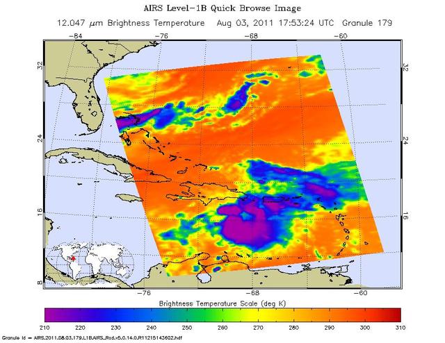 Tropical Storm Emily continues its march toward Hispaniola, which it is expected to reach later on Aug. 3. NASA Aqua spacecraft captured this infrared image 1:53 p.m. EDT on Aug. 3, with the storm located south of Santo Domingo, Dominican Republic.