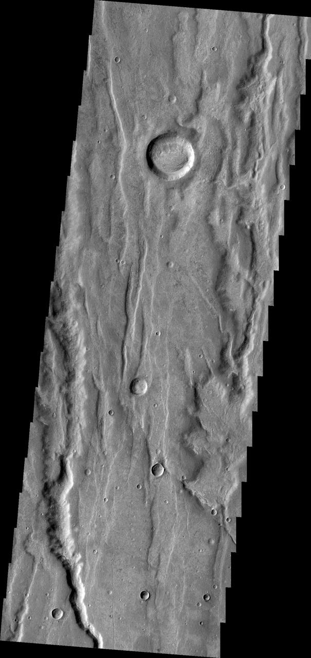 The depressions in this image captured by NASA 2001 Mars Odyssey spacecraft are part of Coracis Fossae, part of the highlands south of Solis Planum.