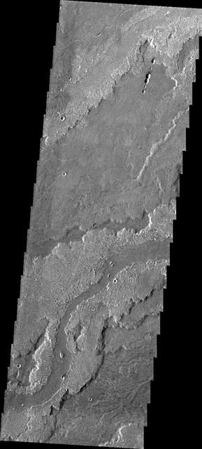 The volcanic flows that comprise Daedalia Planum arose from Arsia Mons. This image from NASA 2001 Mars Odyssey spacecraft shows a small portion of Daedalia Planum, including a channel-fed lava flow.
