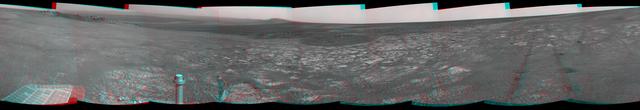 This 3D scene shows the view from where NASA Mars Exploration Rover Opportunity first arrived on the rim of Endeavour crater, an impact crater about 14 miles 22 kilometers in diameter. You will need 3D glasses to view this image.