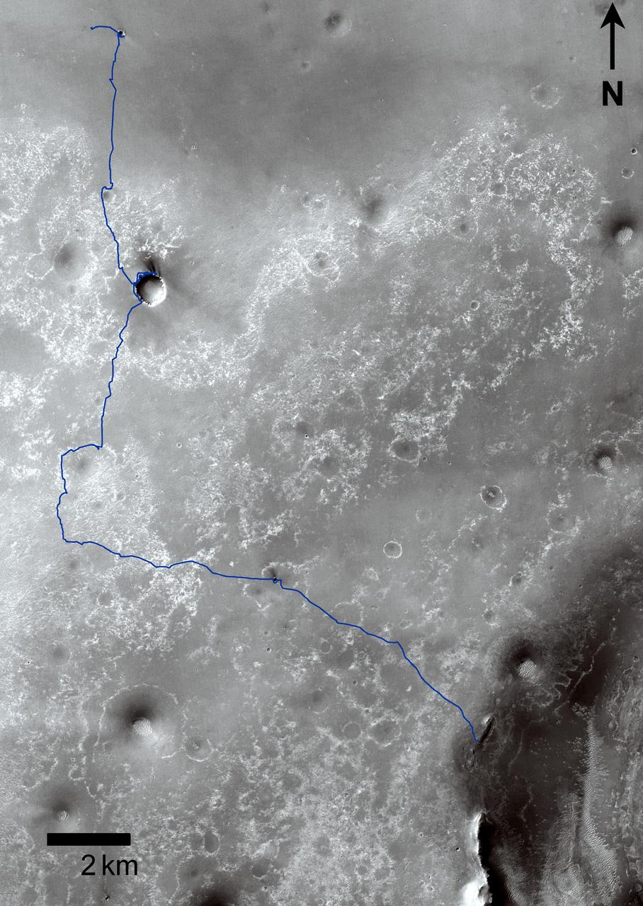 This map shows route driven by NASA Mars Exploration Rover Opportunity from the site of its landing, inside Eagle crater at the upper left, to its location more than 91 months later, on the Cape York section of the rim of Endeavour crater.