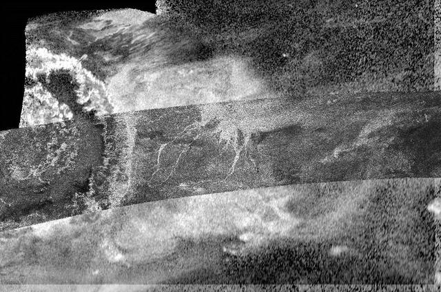 This image, created by combining two different types of radar images from NASA Cassini spacecraft, reveals more details of Titan crater Menrva at left and its surroundings than a single image could provide.