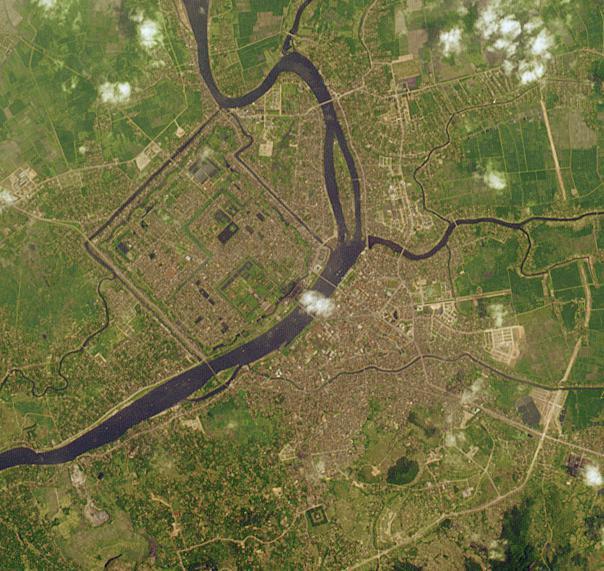 This image from NASA Terra satellite is of Hue, Vietnam. The Perfume River flows through the Capital City, the Imperial City, the Forbidden Purple City and the inner city.