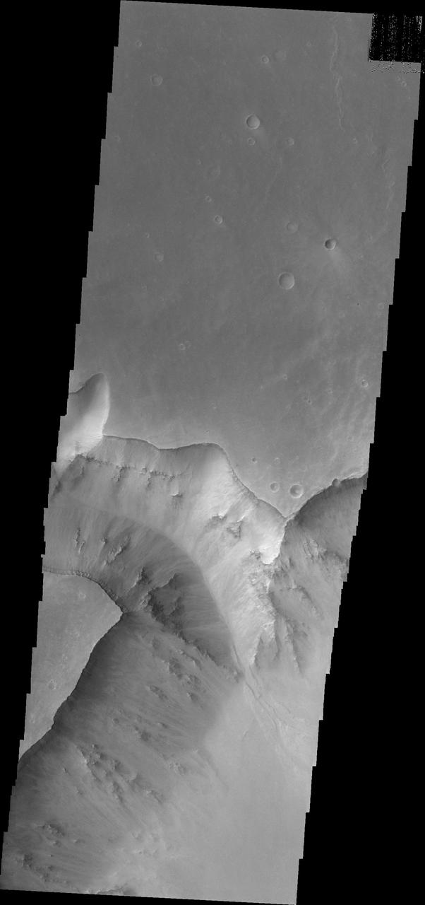 This image from NASA 2001 Mars Odyssey spacecraft shows part of the Valles Marineris canyon system -- a mega gully enters Capri Chasma.