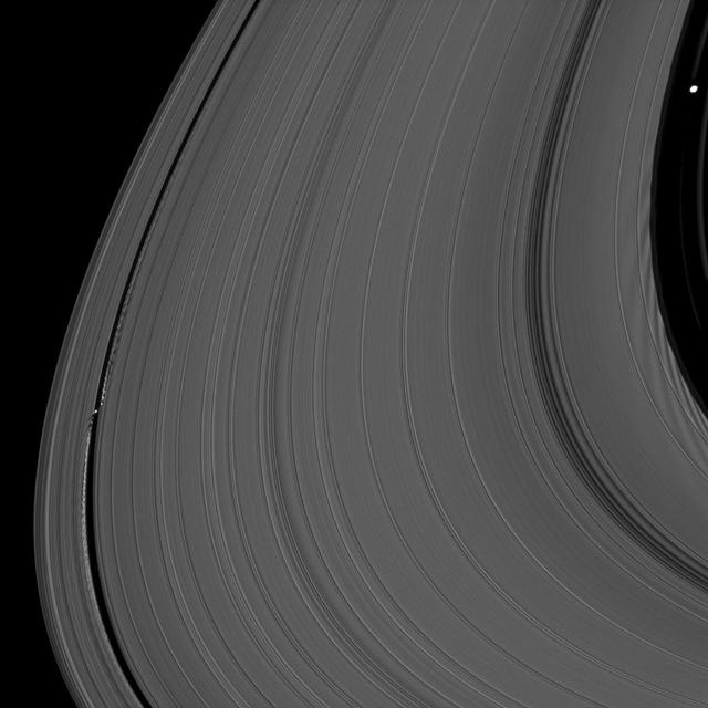 Saturn moons Daphnis and Pan demonstrate their effects on the planet rings in this view from NASA Cassini spacecraft. Daphnis, at left, orbits in the Keeler Gap of the A ring; Pan at right, orbits in the Encke Gap of the A ring.