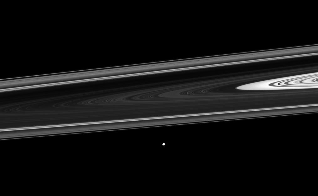 NASA Cassini spacecraft watches Saturn small moon Epimetheus orbiting beyond the planet rings. Epimetheus orbits beyond the thin F ring near the bottom center of this view.