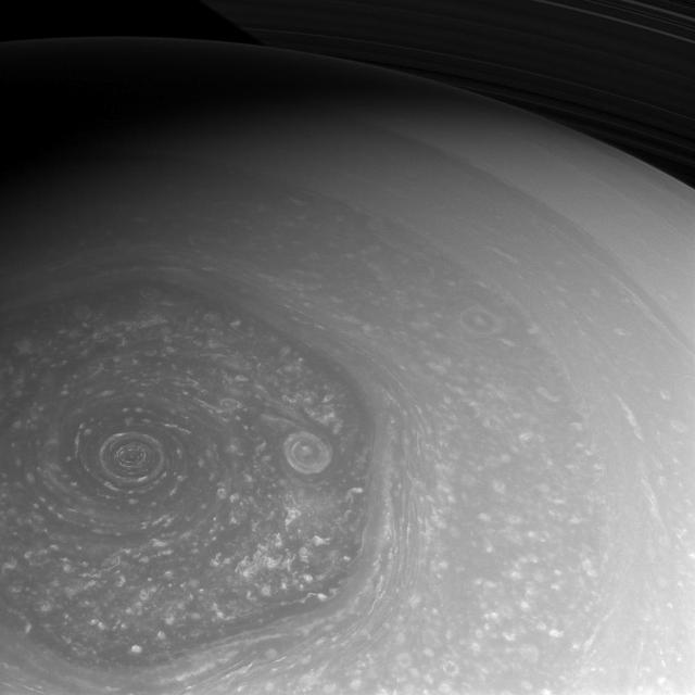 NASA Cassini spacecraft takes full advantage of the sunlight to capture these amazing views of the north polar hexagon and myriad storms, large and small, that comprise the weather systems in the polar region.