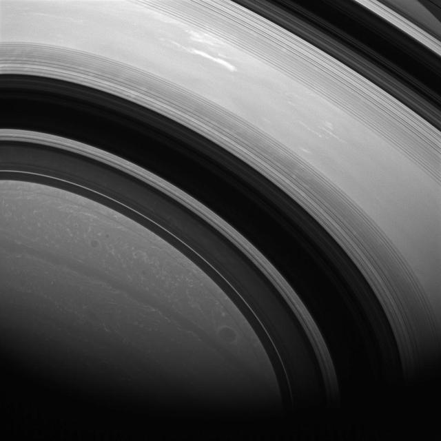 The shadows of Saturn rings edge ever farther southward as Saturn creeps towards southern winter or northern summer. Saturn is now almost exactly halfway between its equinox August 2009 and southern winter solstice in May 2017.