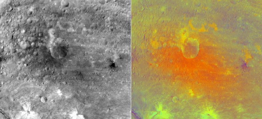 NASA Dawn spacecraft obtained this false-color image right of an impact crater in asteroid Vesta equatorial region with its framing camera on July 25, 2011. The view on the left is from the camera clear filter.