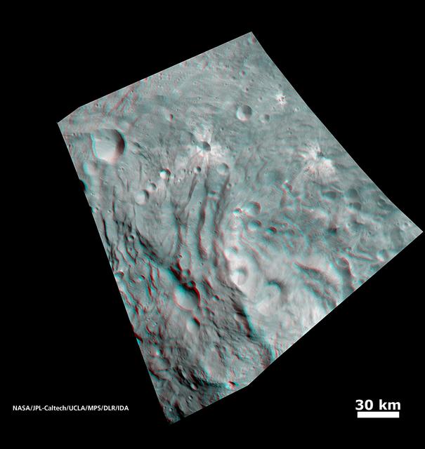 NASA image: Vesta Surface in 3-D: Details of Wave-Like Terrain in the South Pole