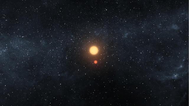 This artist image illustrates the Kepler-16 system from an overhead view, showing the eccentric orbits of the two stars as they twirl around each other every 41 days like figure skaters.