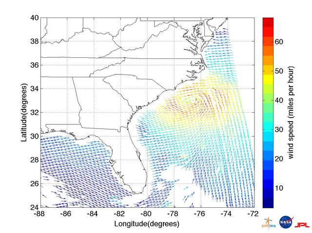 This ISRO-NASA-JPL-Caltech collaborative image shows ocean wind vector data from ISRO OceanSat 2 spacecraft of Hurricane Irene which made landfall early Saturday morning, Aug. 27, just west of Cape Lookout, NC.
