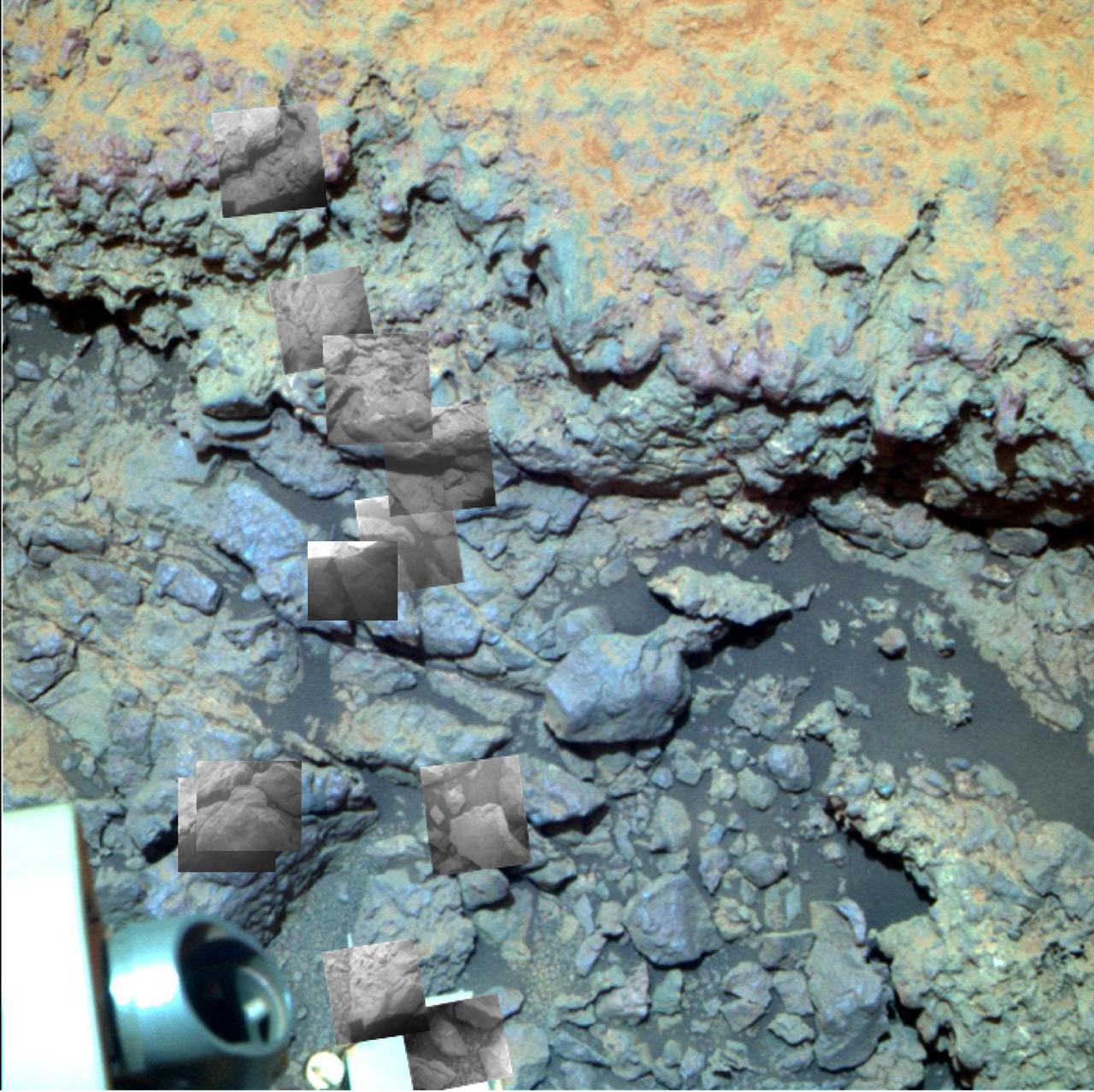 This image taken by the NASA Mars rover Opportunity shows locations of the microscopic imager observations on a rock informally named Tisdale 2.