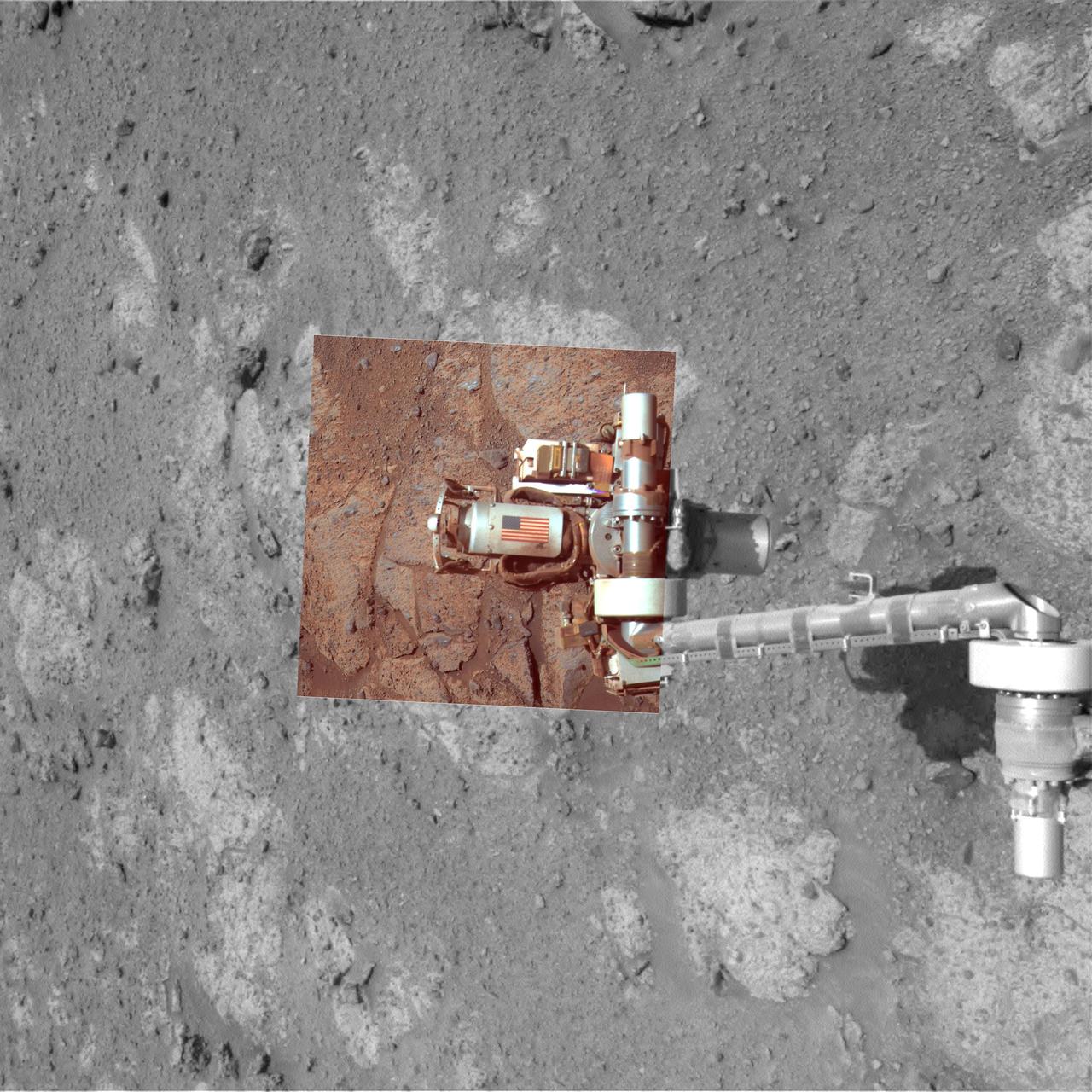This view from NASA rover Opportunity, of an American flag on metal recovered from the site of the World Trade Center towers shortly after their destruction, was taken on Mars on Sept. 11, 2011, the 10th anniversary of the attacks on the towers.