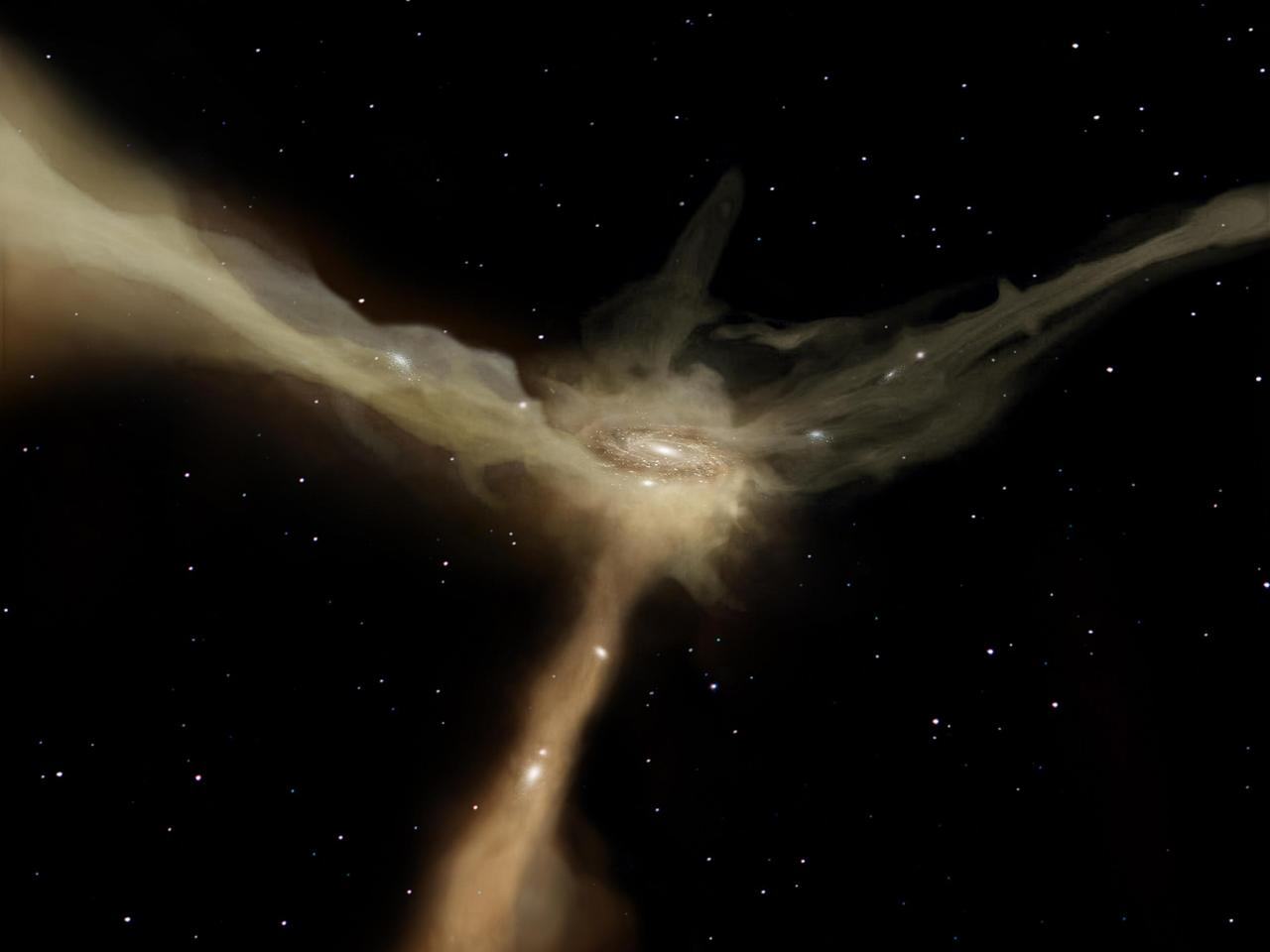 In this artist conception based on data from ESA Herschel observatory, a galaxy accretes mass from rapid, narrow streams of cold gas. These filaments provide the galaxy with continuous flows of raw material to feed its star-forming at a leisurely pace