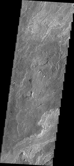 This image from NASA 2001 Mars Odyssey spacecraft shows a small portion of Daedalia Planum, which is comprised of lava flows from Arsia Mons. Note the small channel in the image. This channel was likely created by lava rather than water flow.