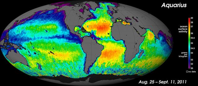 NASA Aquarius instrument has produced its first global map of the salinity, or saltiness, of Earth ocean surface, providing an early glimpse of the mission anticipated discoveries.