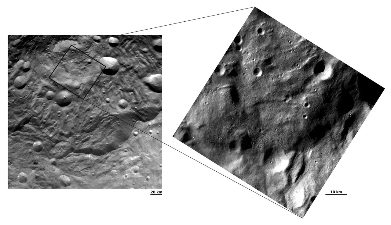 NASA Dawn spacecraft obtained these images with its framing camera on Aug.17 and Sept.17, 2011. The left hand image shows scarps, mostly near the bottom. The right hand image is a close up, higher resolution view of a large part of the raised mound.
